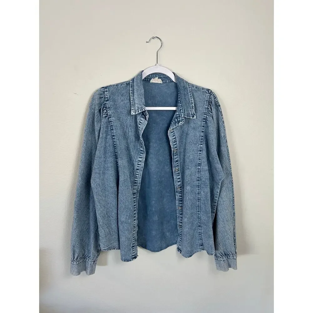 Aaron & Amber Chambray Denim Button Down Shirt Puff Sleeve Lightweight Medium - Picture 5 of 6